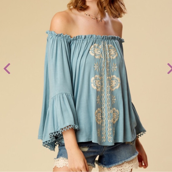 Altar’d State Blue Bardot Off Shoulder Cream Embroidered Bell Sleeve Blouse - Picture 11 of 15